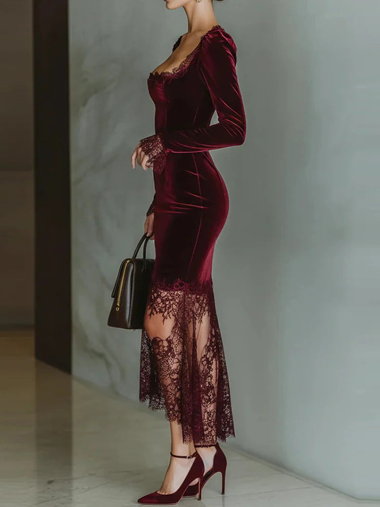 Elegant Velvet Lace Patchwork Maxi Dress for Women