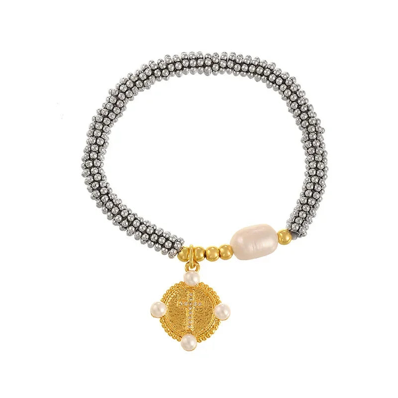 Cubic Zirconia Pearl Cross Bracelet