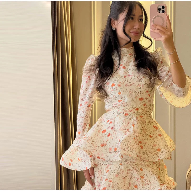 Chic Floral Bell Sleeve Floor-Length Dress For Women