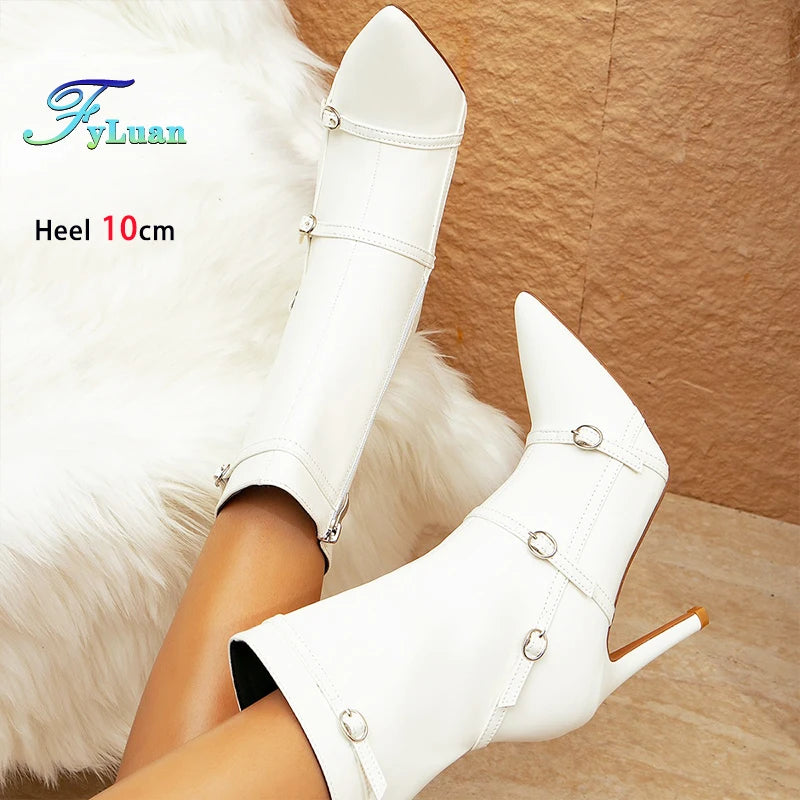 White Buckled Pointed Ankle Boots