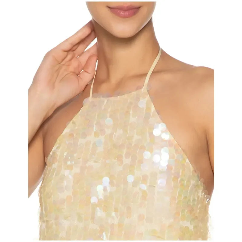Elegant Sequined Mesh Backless Halter Top for Women