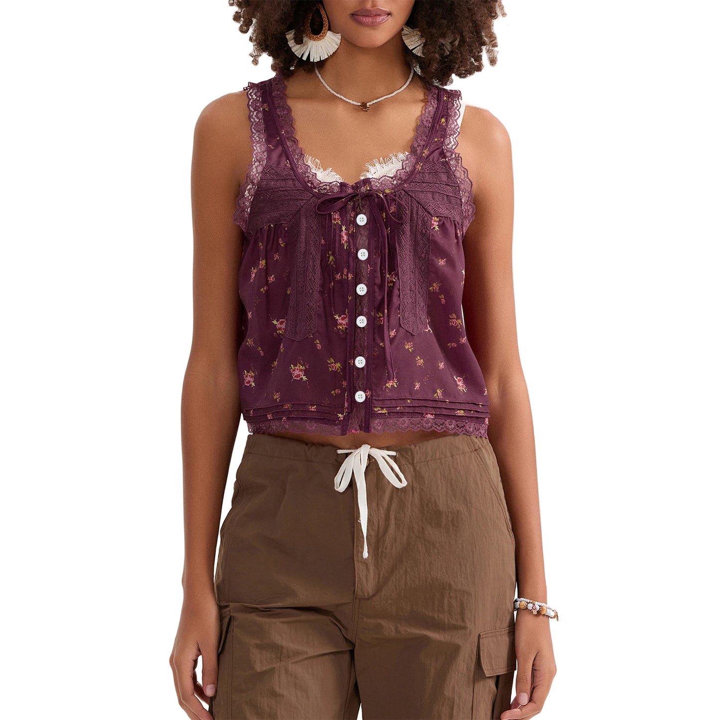 Spaghetti Strap Mesh Flowy Lace Trim Crop Top for Women