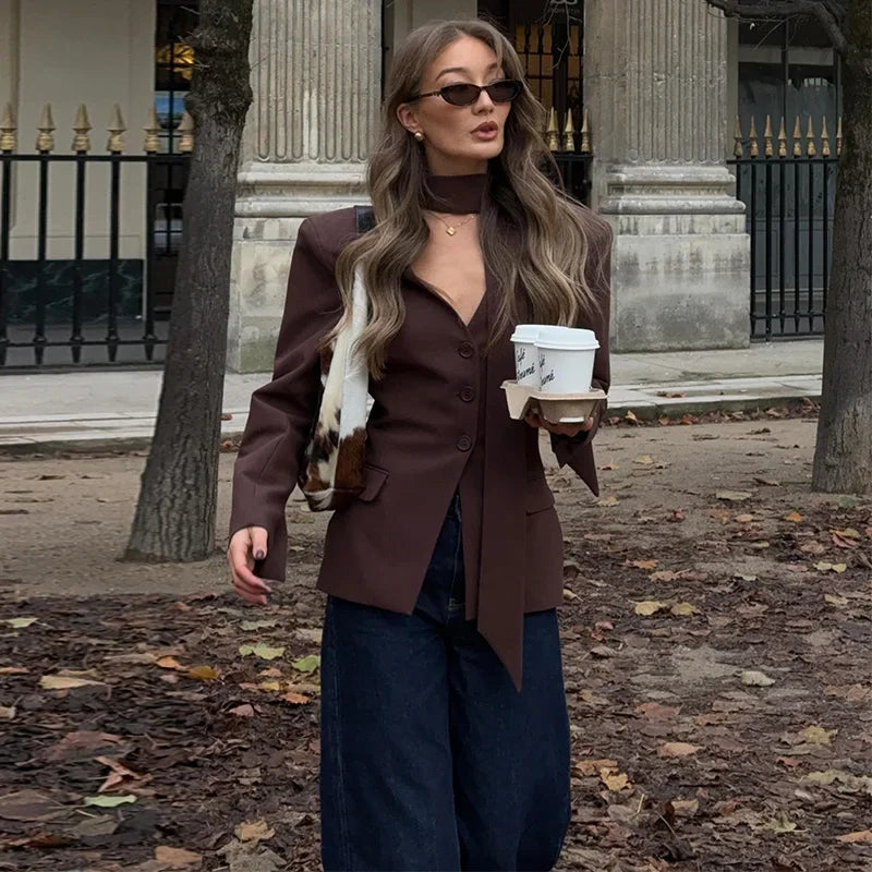 Elegant Slim V-Neck Scarf Trim Blazer Coat for Women