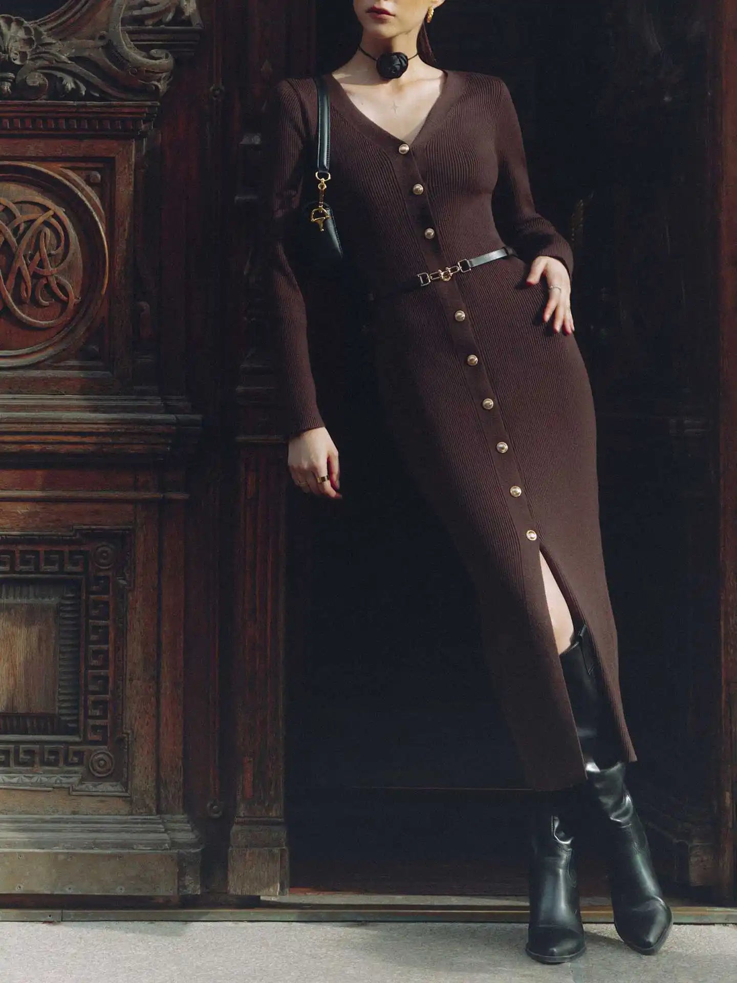 Cryptographic Fall Winter Knitted Button Sweaters Midi Dress Elegant Outfits Long Sleeve Split Bodycon Cardigan Dresses Clothes