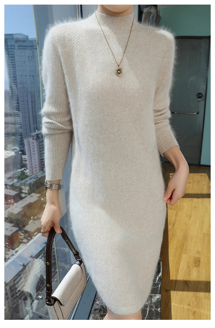 Warm Loose Fit Jacquard Knit High Neck Knee Length Dress for Women