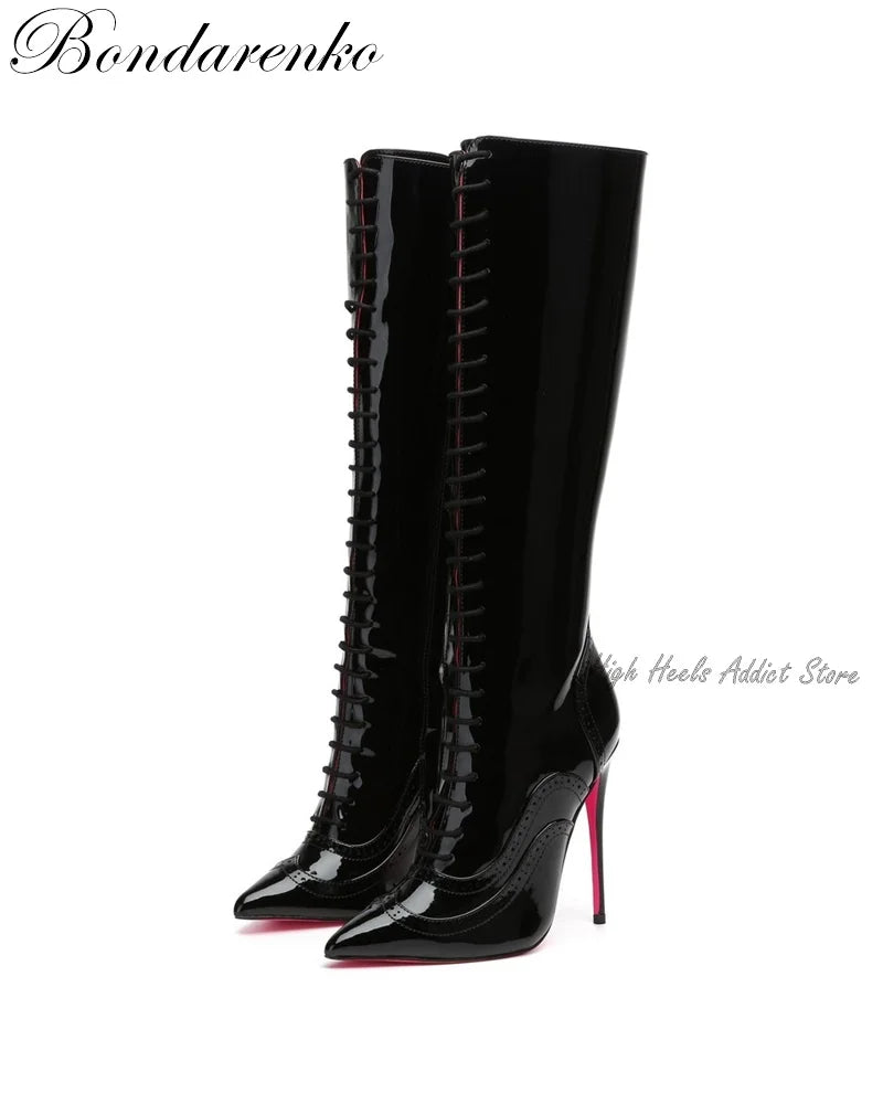 Pointed Toe Patent Leather Lace Up Knee High Boots for Women
