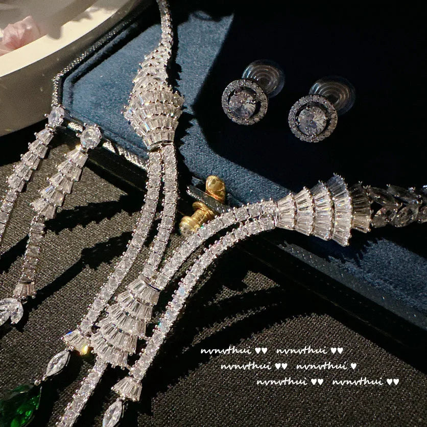 Crystal Zircon Tassel Necklace and Earrings Set for Women
