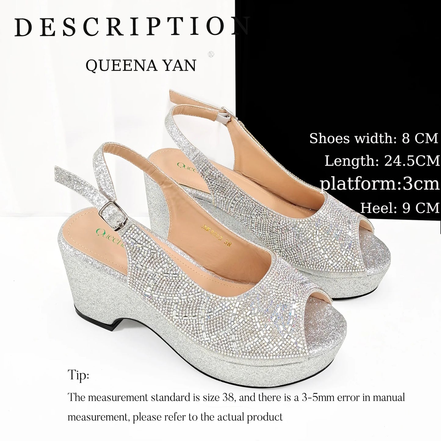 Queena Yan 2025 Italian design full rhinestone detailing comfort platform heels and matching bag Women's Fashion Peep Toe Shoes