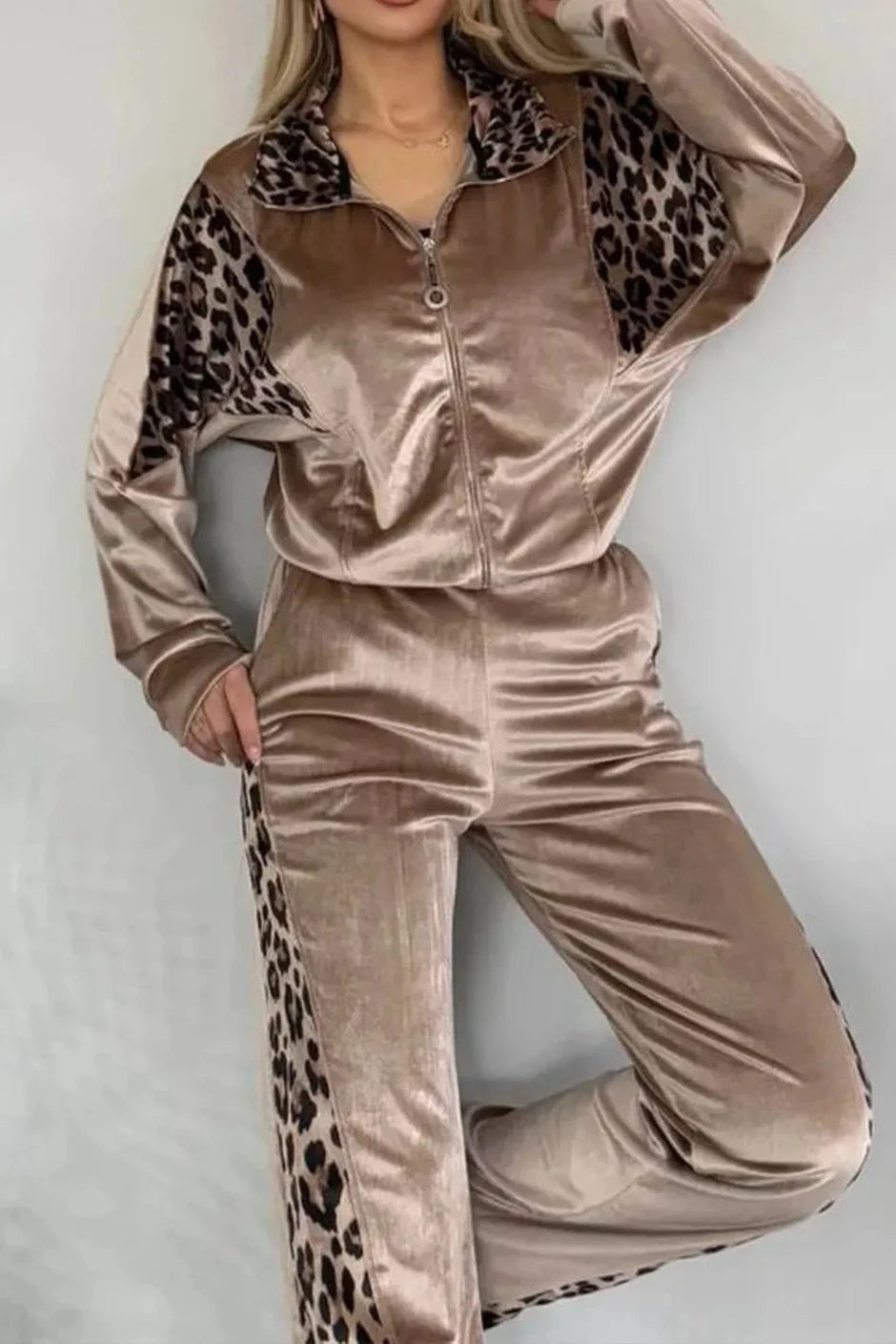Leopard Print 2 Pieces Pants Set Turn-down Collar Zip Front Long Sleeve Top and Casual Wide Leg Pants Set