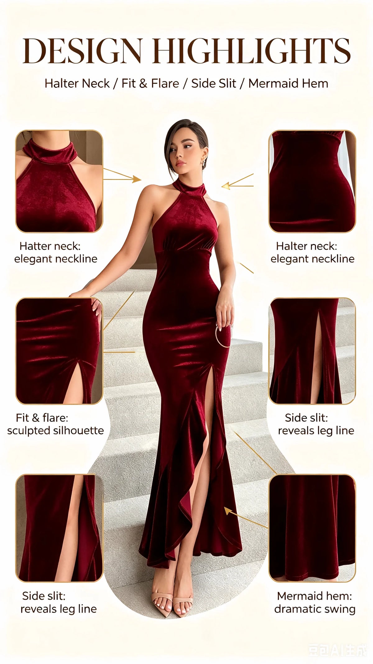 Burgundy Velvet Halter Neck Mermaid Evening Gown for Women