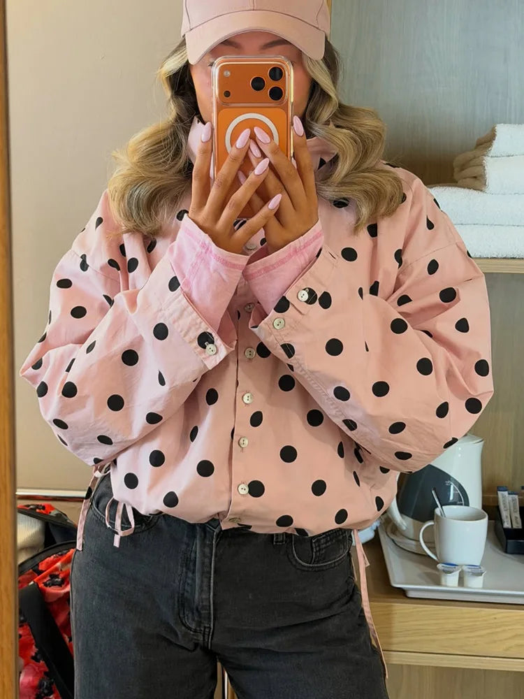 Pink Polka Dot High Collar Button Front Jacket for Women