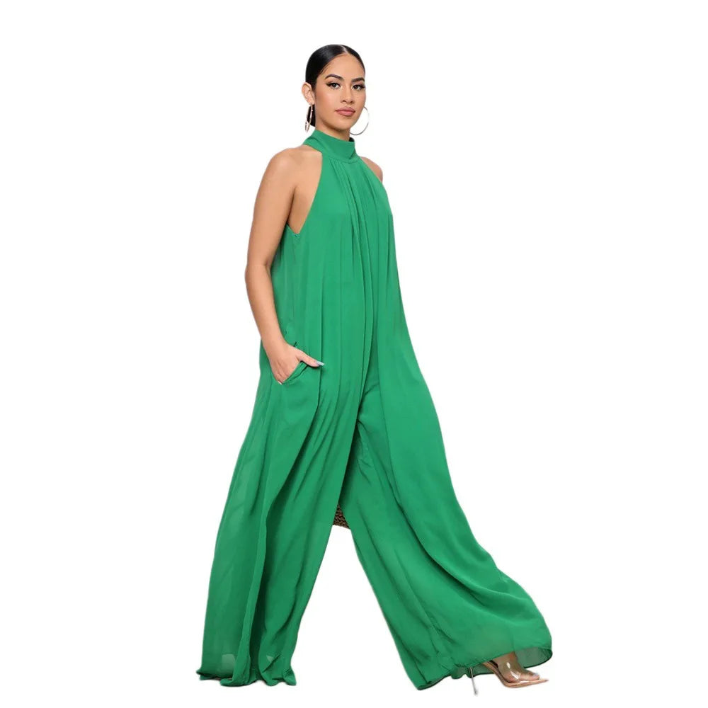 Loose Fit Solid Color Chiffon Ankle Length Jumpsuit for Women