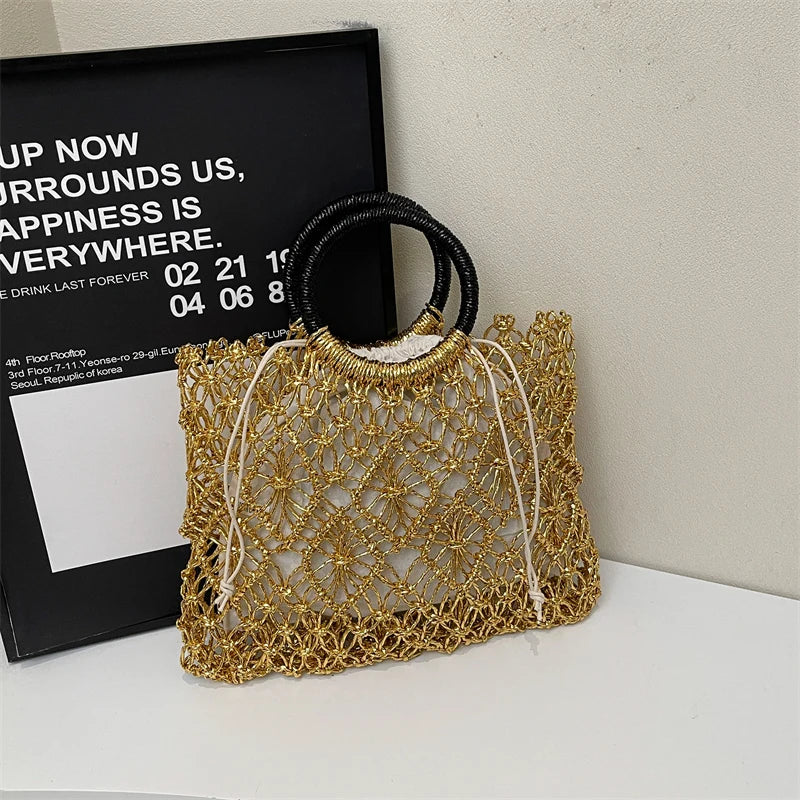 Eco Friendly Woven Round Handle Hollow Out Craft Paper Handbag for Women