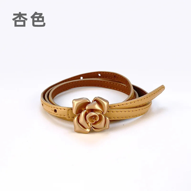 Double Sided Metal Flower Buckle Thin Belt for Women