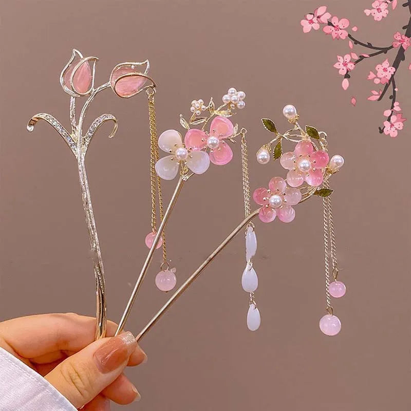 Floral Crystal Tassel Hair Sticks