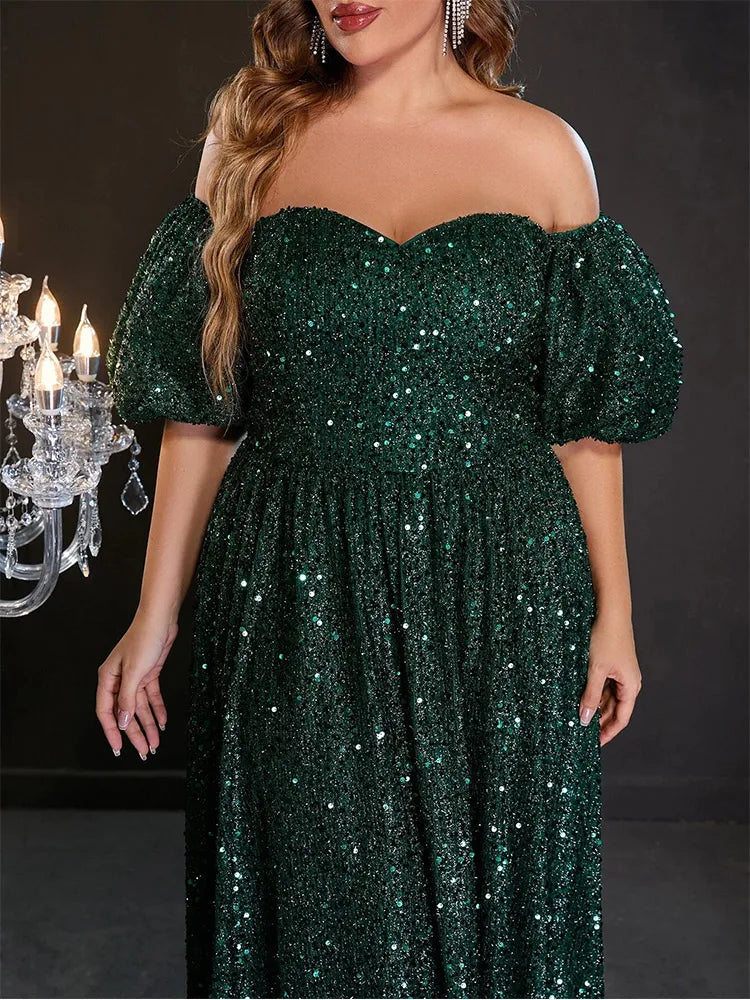 Plus Size Off-Shoulder Gray Silver Short-Sleeved Luxury Bridesmaid Evening Dress Banquet Bigsize Long Dress For Women 4xl 5xl