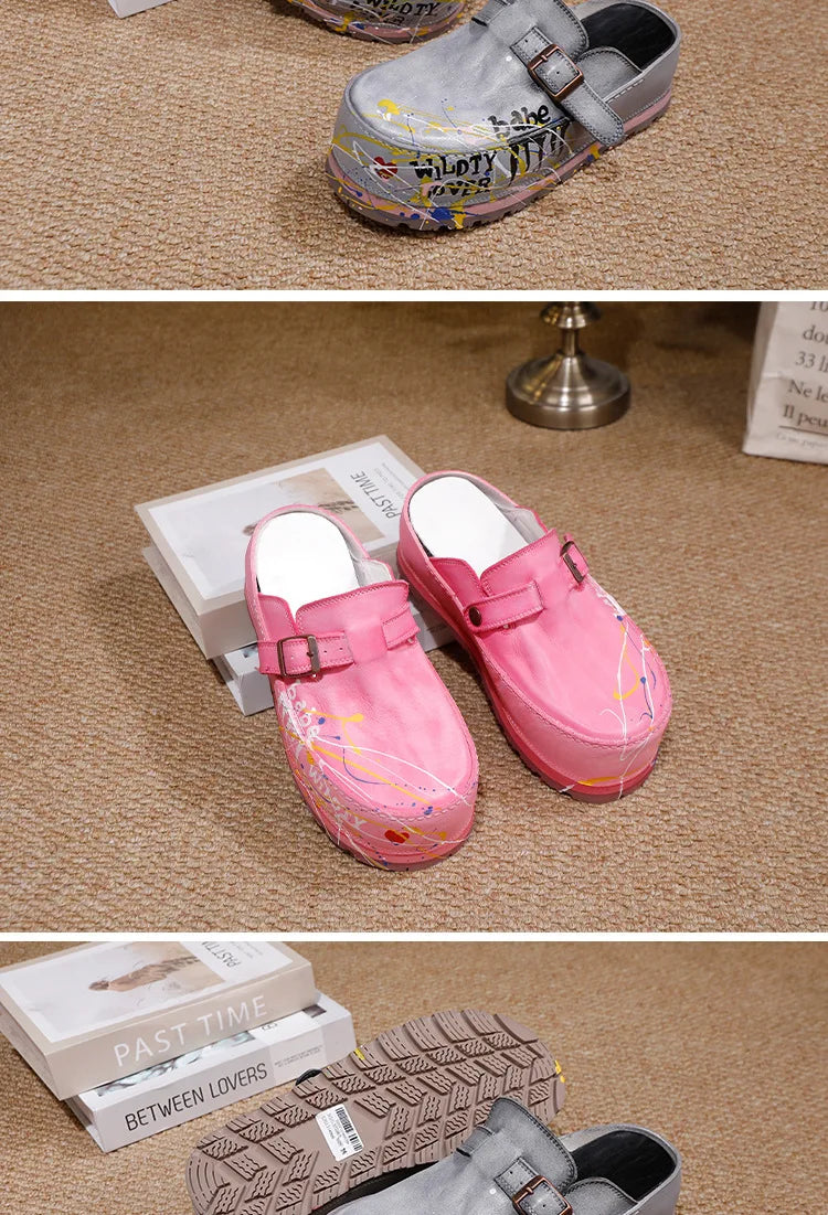 Hand Drawn Leather Platform Slippers with Round Toe for Women