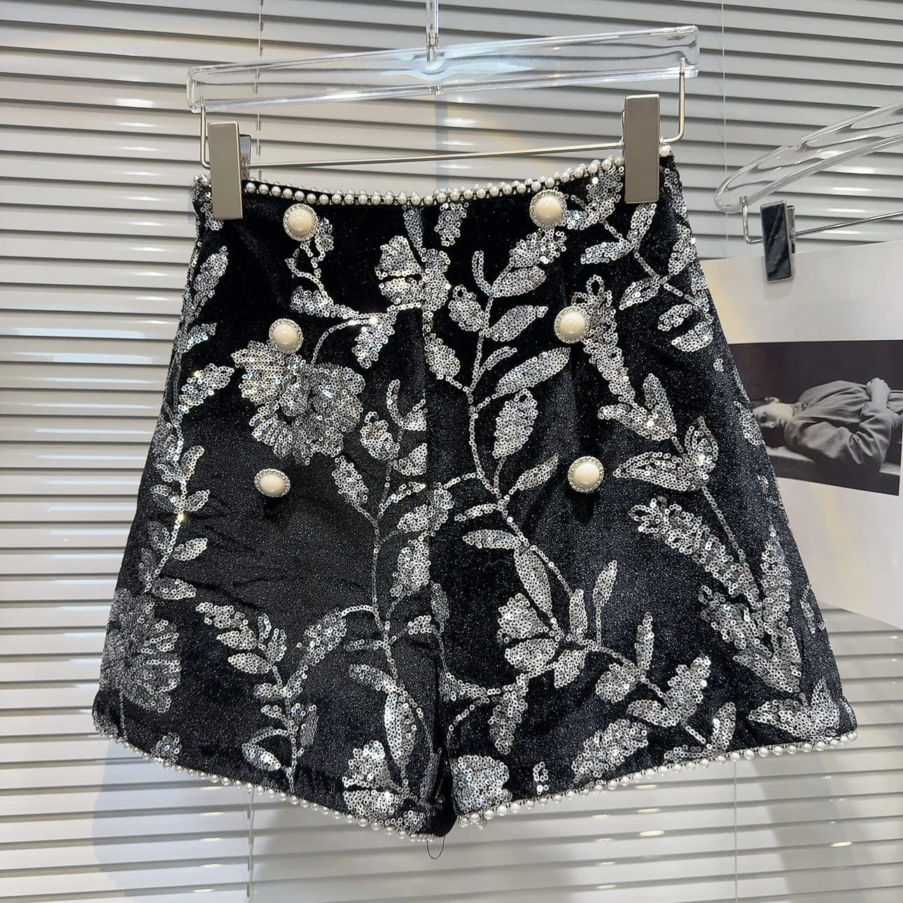 Sequined Embroidered Velvet Shorts