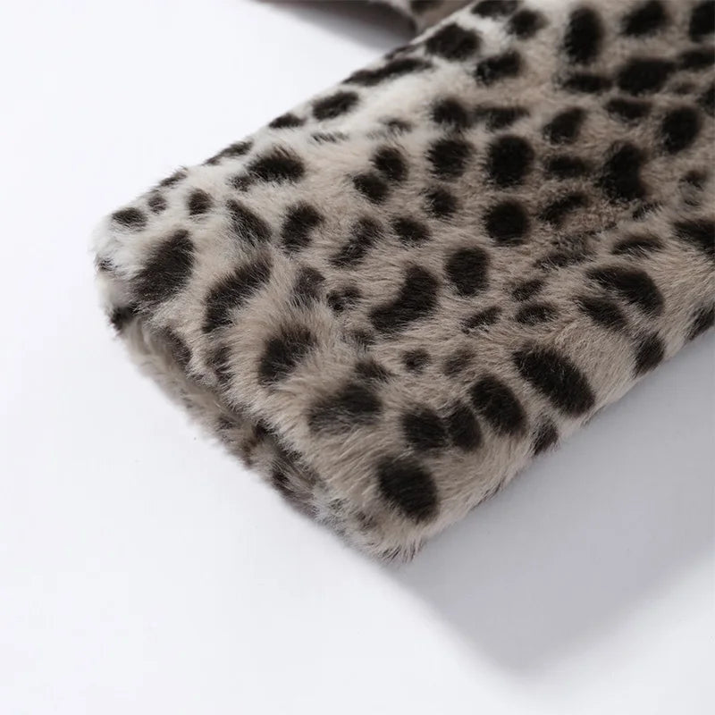 Leopard Print Faux Fur Single Breasted Crop Jacket for Women