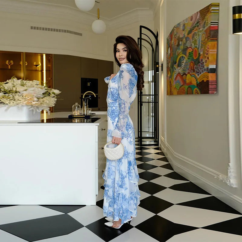 Cascading Ruffle Print Long Sleeve Maxi Dress for Women