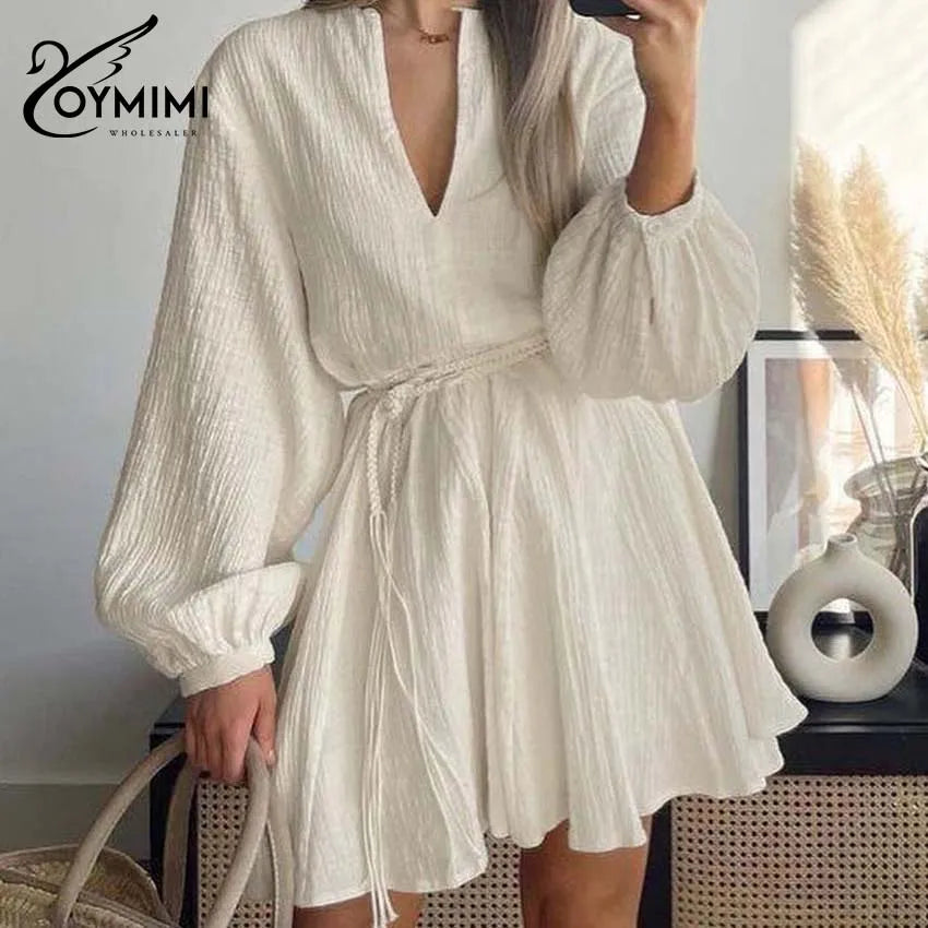 Oymimi Elegant Beige Cotton Womens Dresses Fashion V-Neck Long Sleeve Lace-Up Dresses Casual Loose Pleated Mini Dress Streetwear