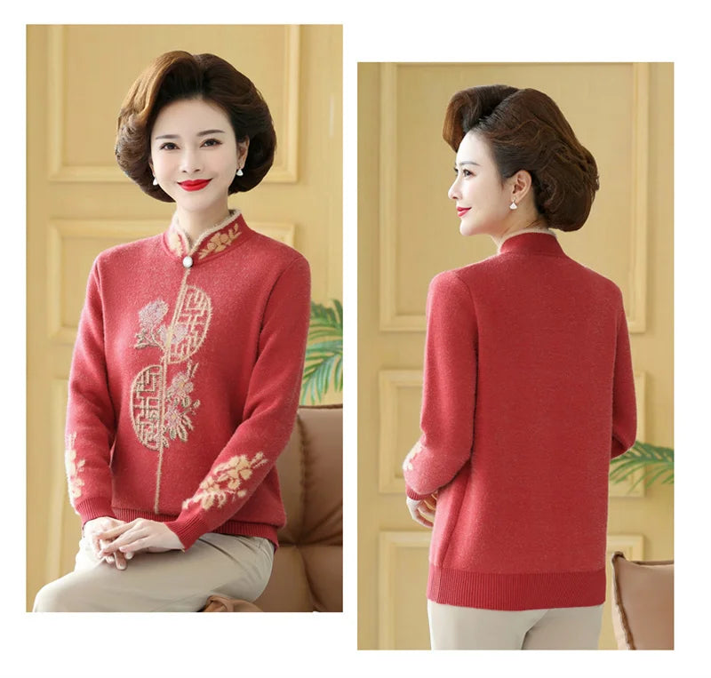 2025 Autumn New Mom's Velvet And Warm Knitted Embroidered Bottom Shirts Imitation Mink Fleece Winter Inner Plsh Thick Pullover