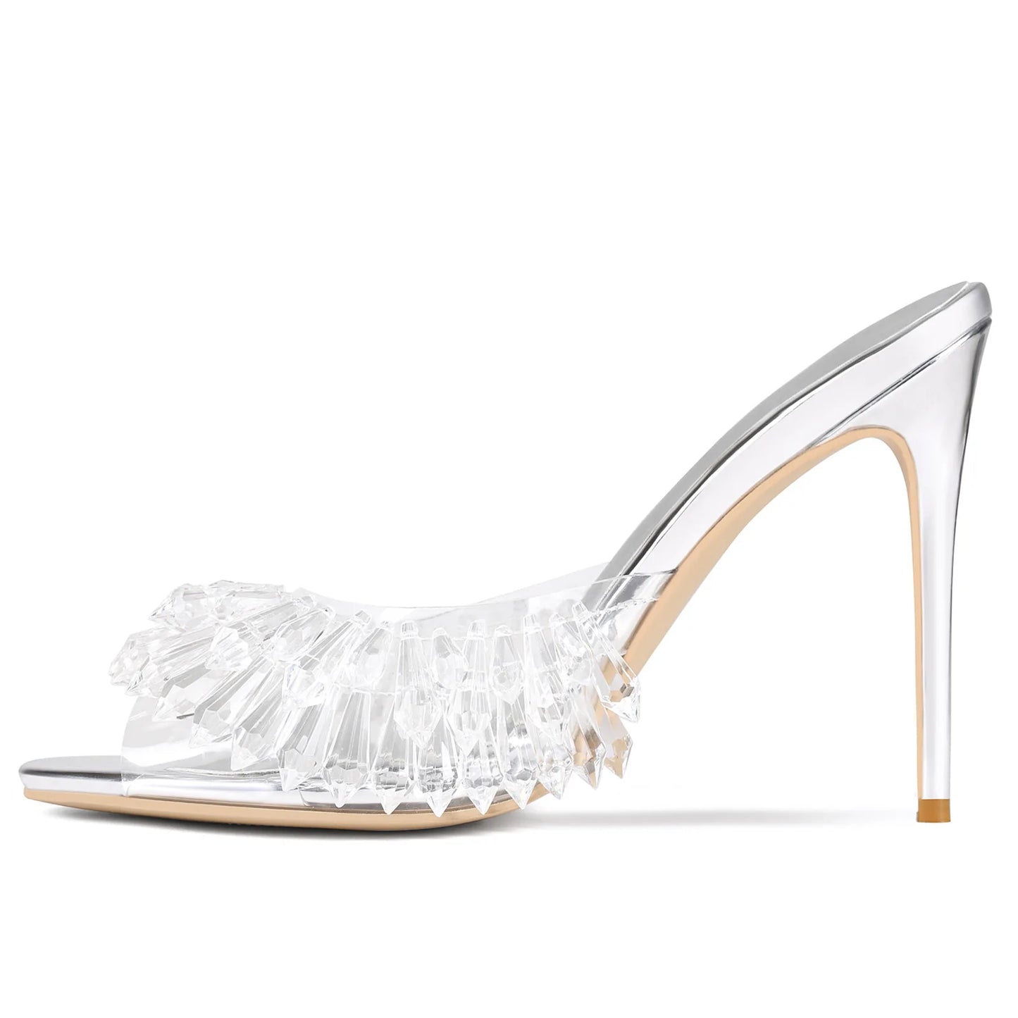 Elegant Crystal Clear Embellished Open Toe Mules for Women