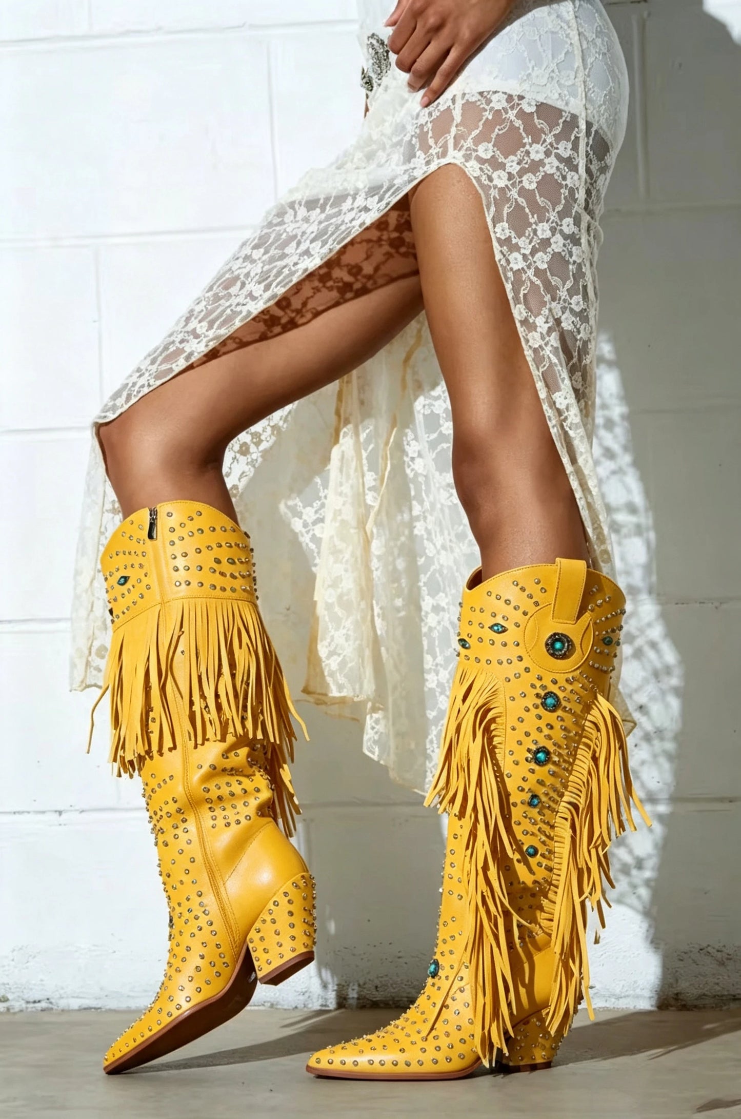 2025 Diamond Fringes Western Boots Women Sparkly Block High Heels Crystal Trim Shoes Ladies Winter Pointed Toe Knee High Boots