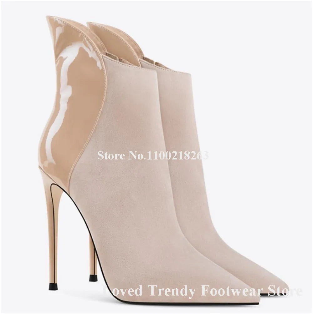 Suede Patchwork Patent Leather Stiletto Ankle Boots for Women