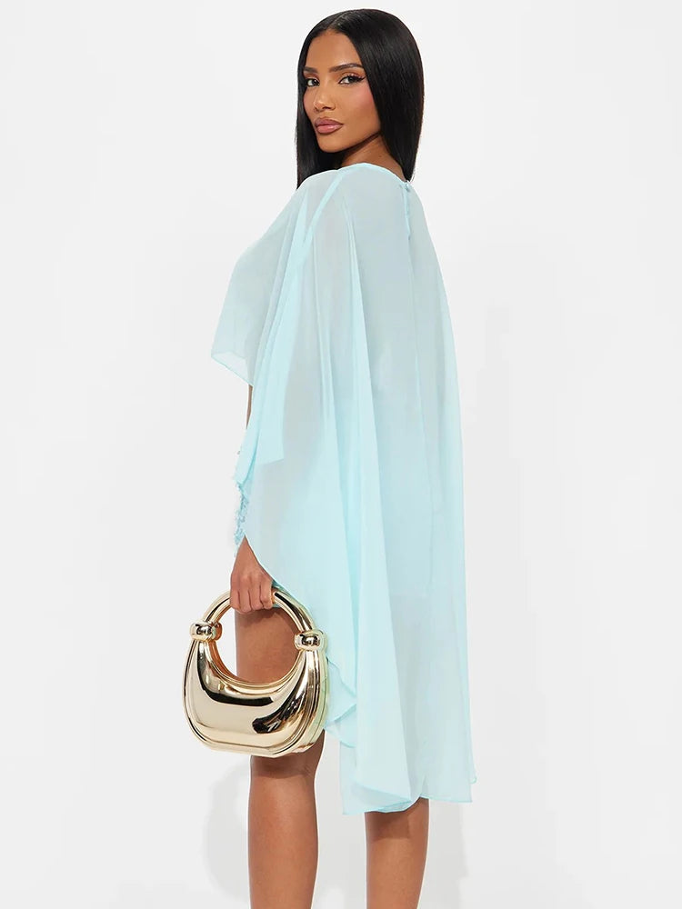 Nibber Hottie Mesh See Through Shawl Top Woman Skew Collar Batwing Sleeve Irregular Navel Exposed Design Sexy Fashion Clothing