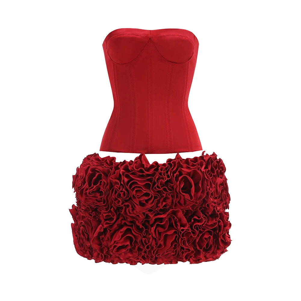 Women's Sexy Strapless Red Mini Skirt and Off-Shoulder Corset Top Two-Piece Set Lace Up Elegant Quality Luxury Party Dress