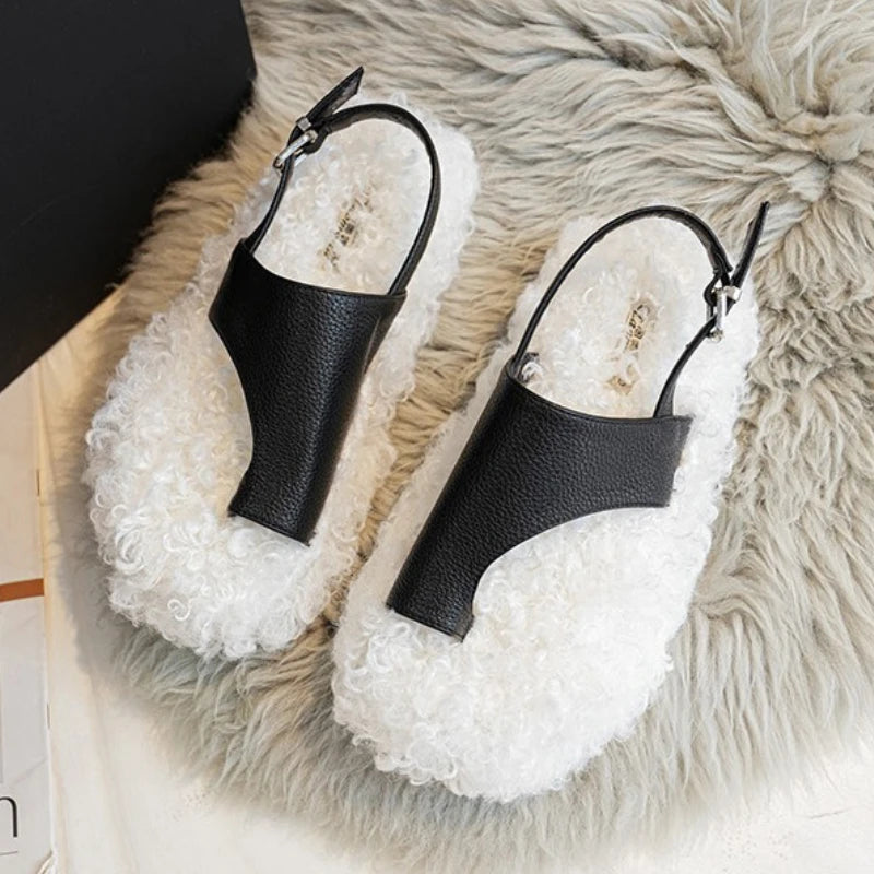 Cozy Plush Buckle Strap Flat Toe Slippers for Women