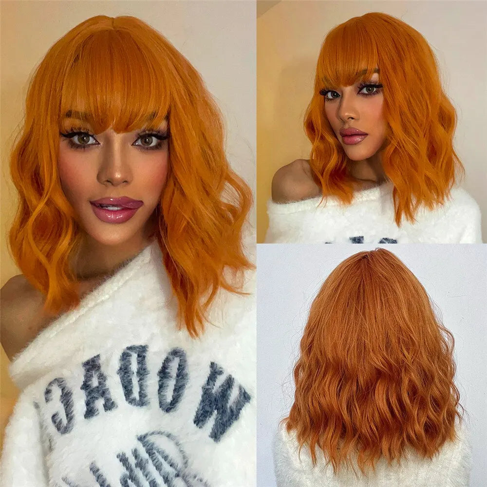 Heat Resistant Short Wavy Bob Wig With Bangs for Women