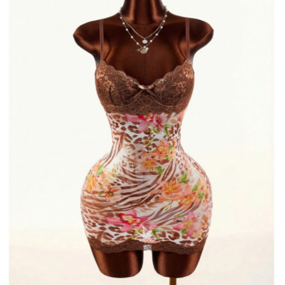 Leopard Print Lace Spaghetti Strap Bodycon Dress for Women