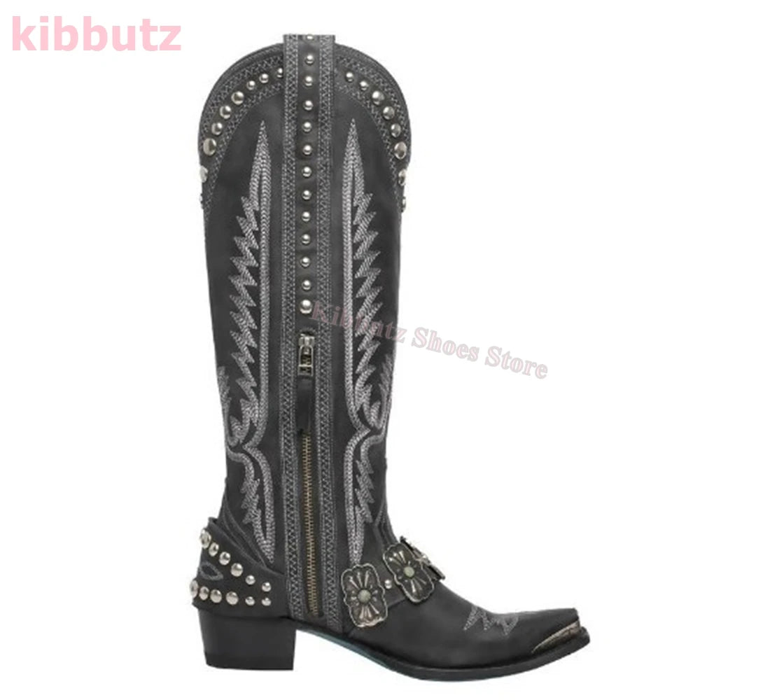 Cowboy Boots Knee High Rivet Leather Fashion Luxury Concise Elegant Sexy Pointed Toe Square Heels Side Zipper Women Shoes Newest