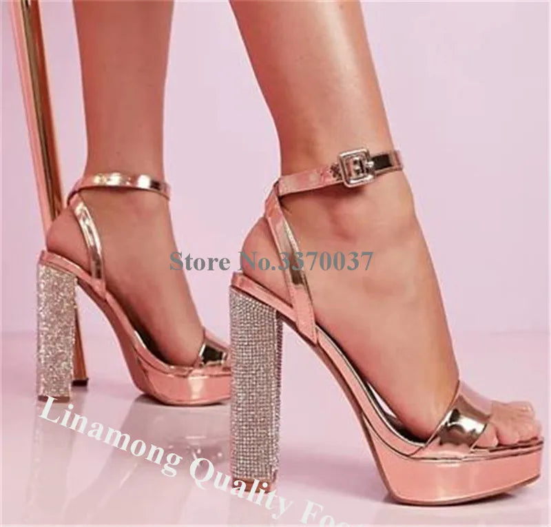 Luxury Rose Gold Rhinestone Platform Sandals for Women