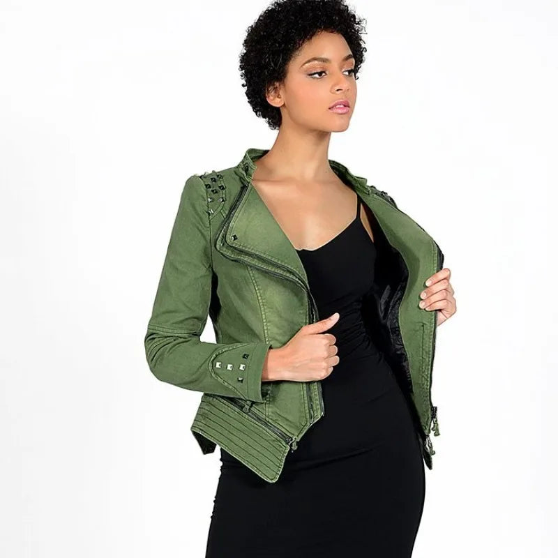 Women's Jacket, Denim Coat, Slim Fit, Shoulder Shrugs, Rivet Zipper Splicing