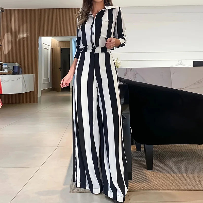 Striped Print Wide Leg Pants Matching Suit Women Summer Loose Long Pants Two Piece Set Female Streetwear Casual Trousers Outfits