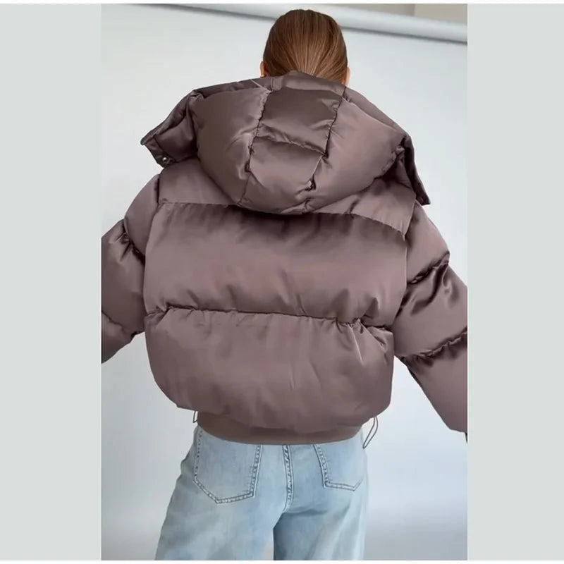 Detachable Hood Cropped Padded Winter Jacket for Women