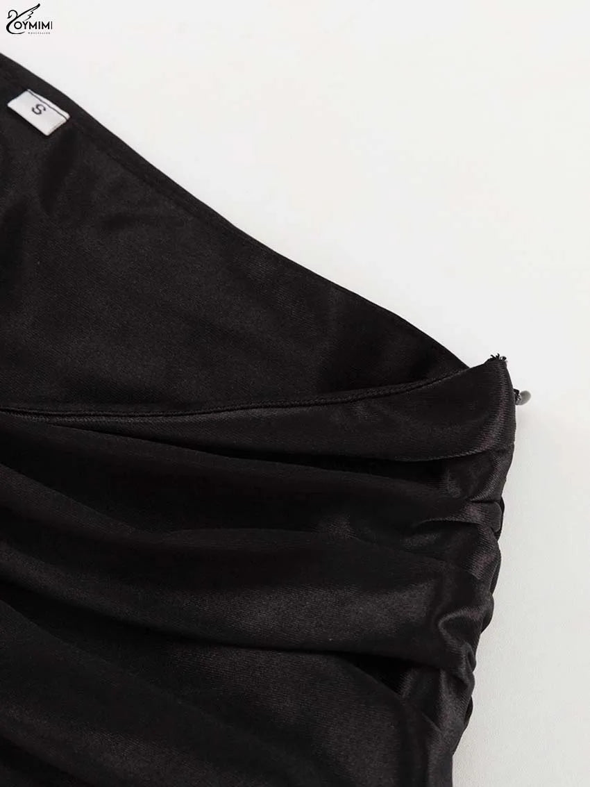 Oymimi Fashion Black Satin 2 Piece Sets Woman Outfits Elegant Long Sleeve Patchwork Zipper Crop Tops And Pleated Mini Skirts Set