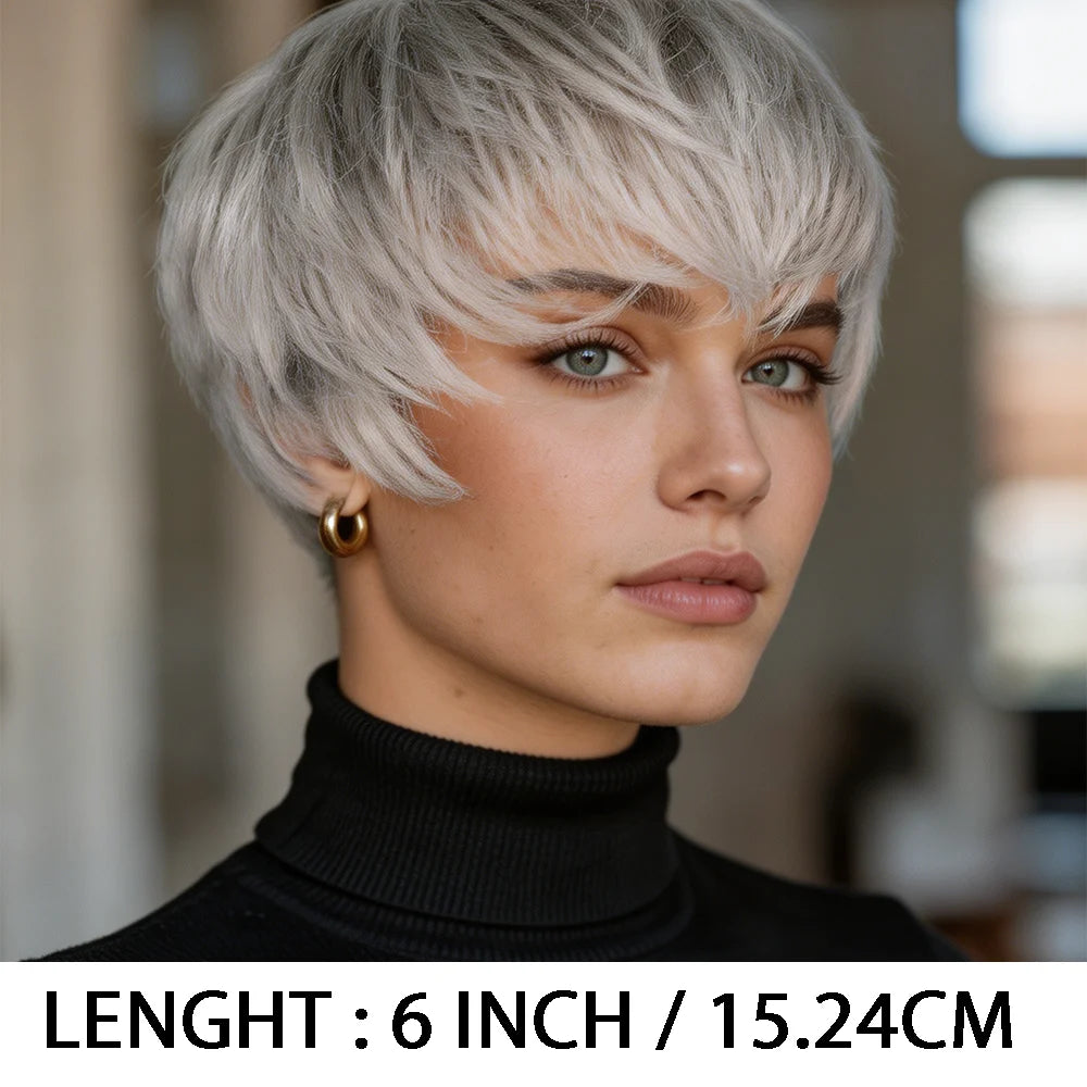 Grey Pixie Cut Human Hair Wig With Bangs For Women