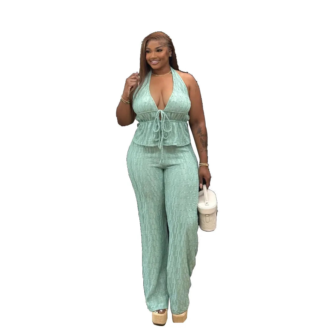 Casual Jacquard Halter Top and Wide Leg Pants Set for Women