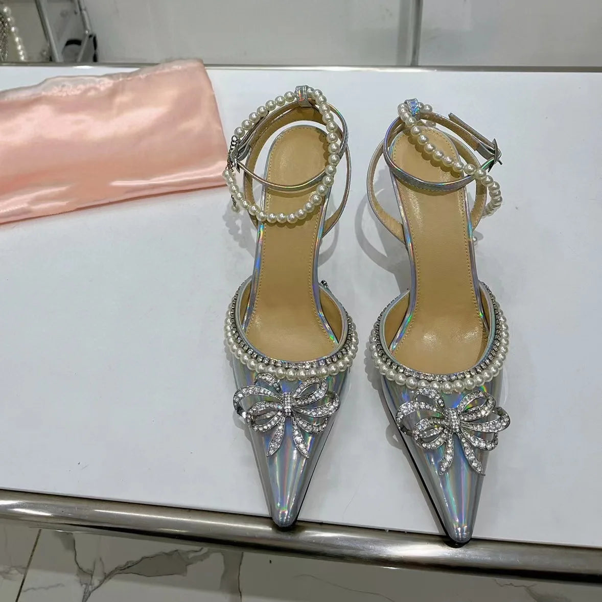 Candy Color Crystal Bow Pearls Buckle Sandals Design Women Rhinestones Bow Pointed Toe Pearls Buckle Slingback 8Cm Heel Sandals