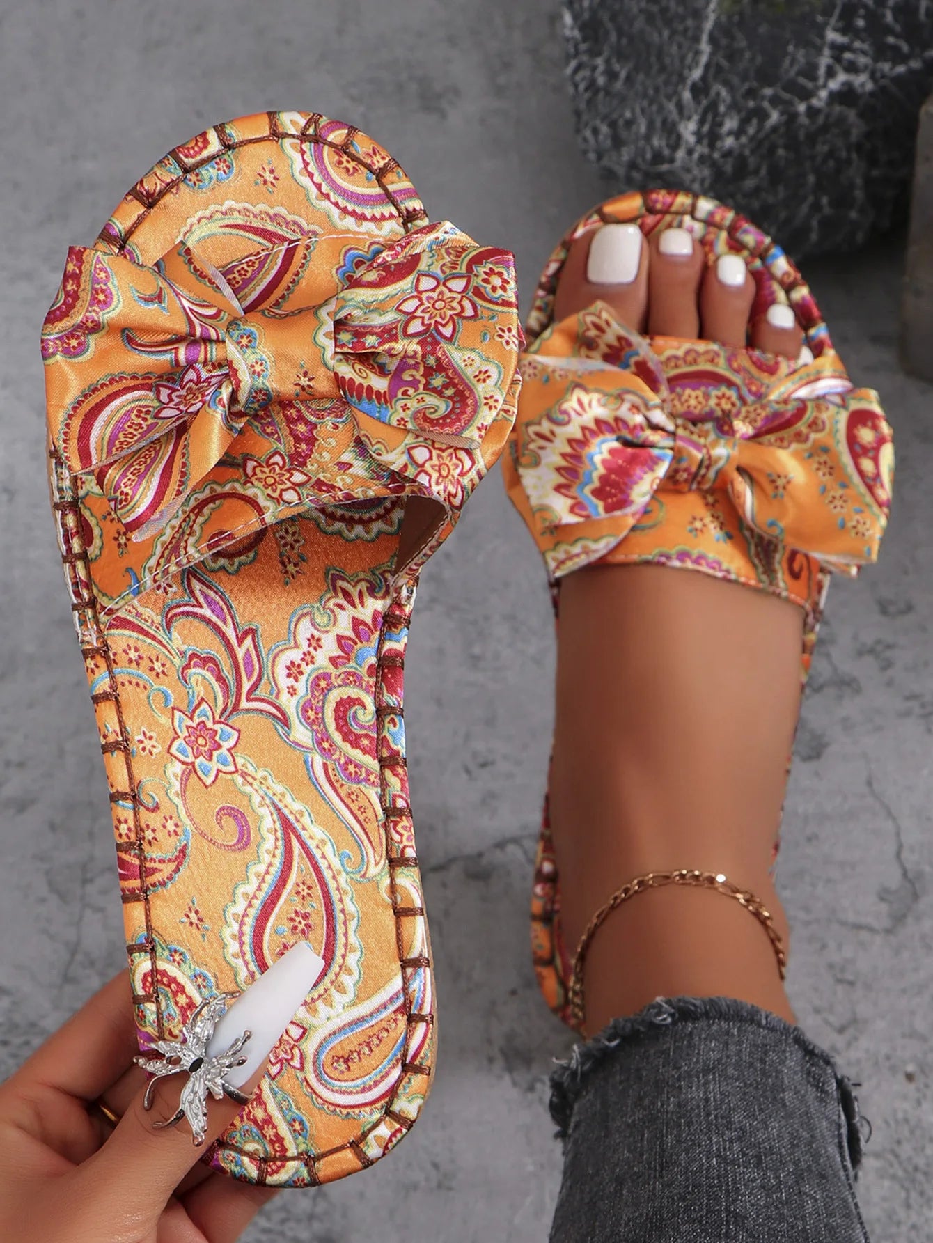 Plus-size summer fashion casual new slippers for women 2025 flat flat slippers with bow
