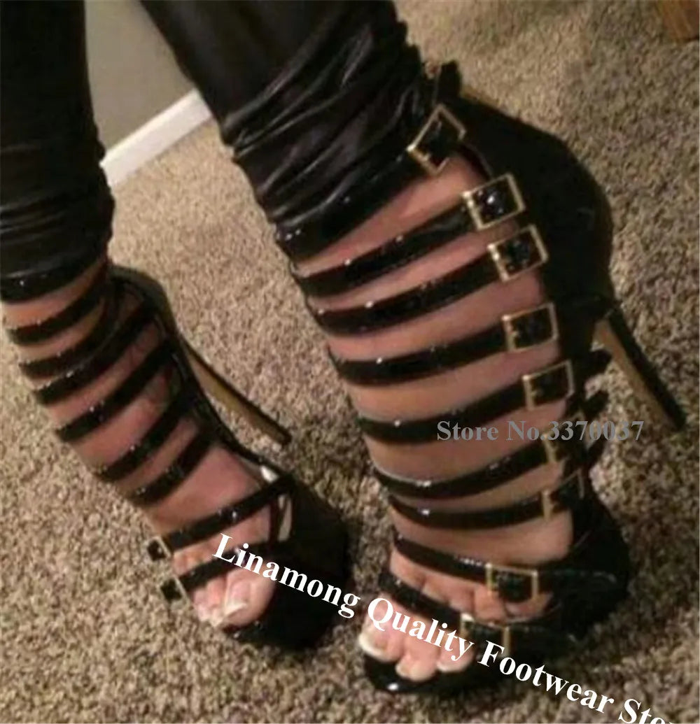 Black Patent Leather Platform Stiletto Sandals for Women