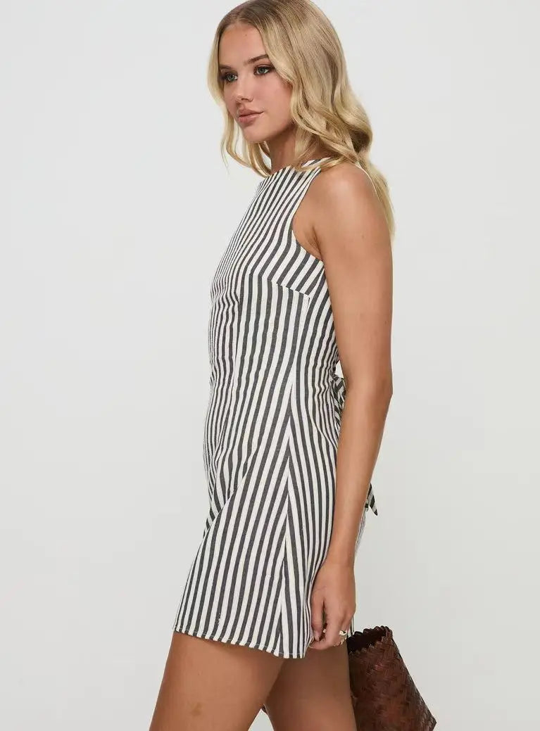 Casual Striped Print Crew Neck Sleeveless Mini Dress for Women