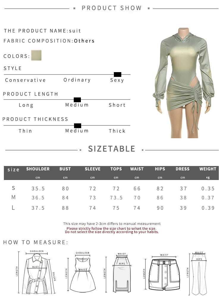 Sisterlinda Sexy Fashion 2 Piece Set Woman Tie-Dye Design Backless Hooded Bodysuits+Shirring Ruched Skirts Midnight Club Outfits