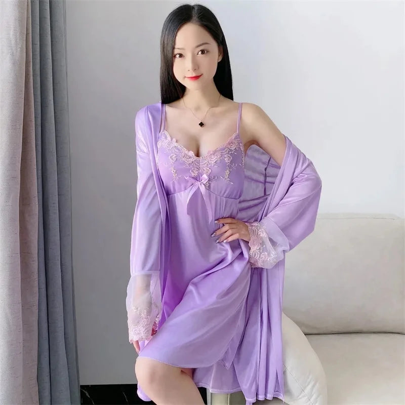 Comfortable Relaxed Fit Lace Up Two Piece Robe Set For Women
