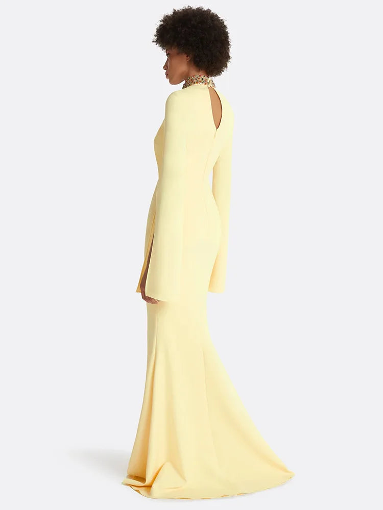HIGH STREET Newest Fashion 2026 Designer Party Vestido Women's Stand Collar Formal Cape Sleeve Diamonds Beading Long Maxi Dress