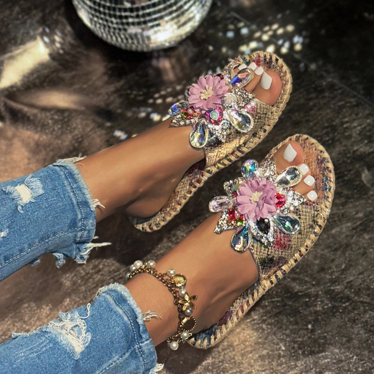 Crystal Flower Platform Outdoor Slippers for Women